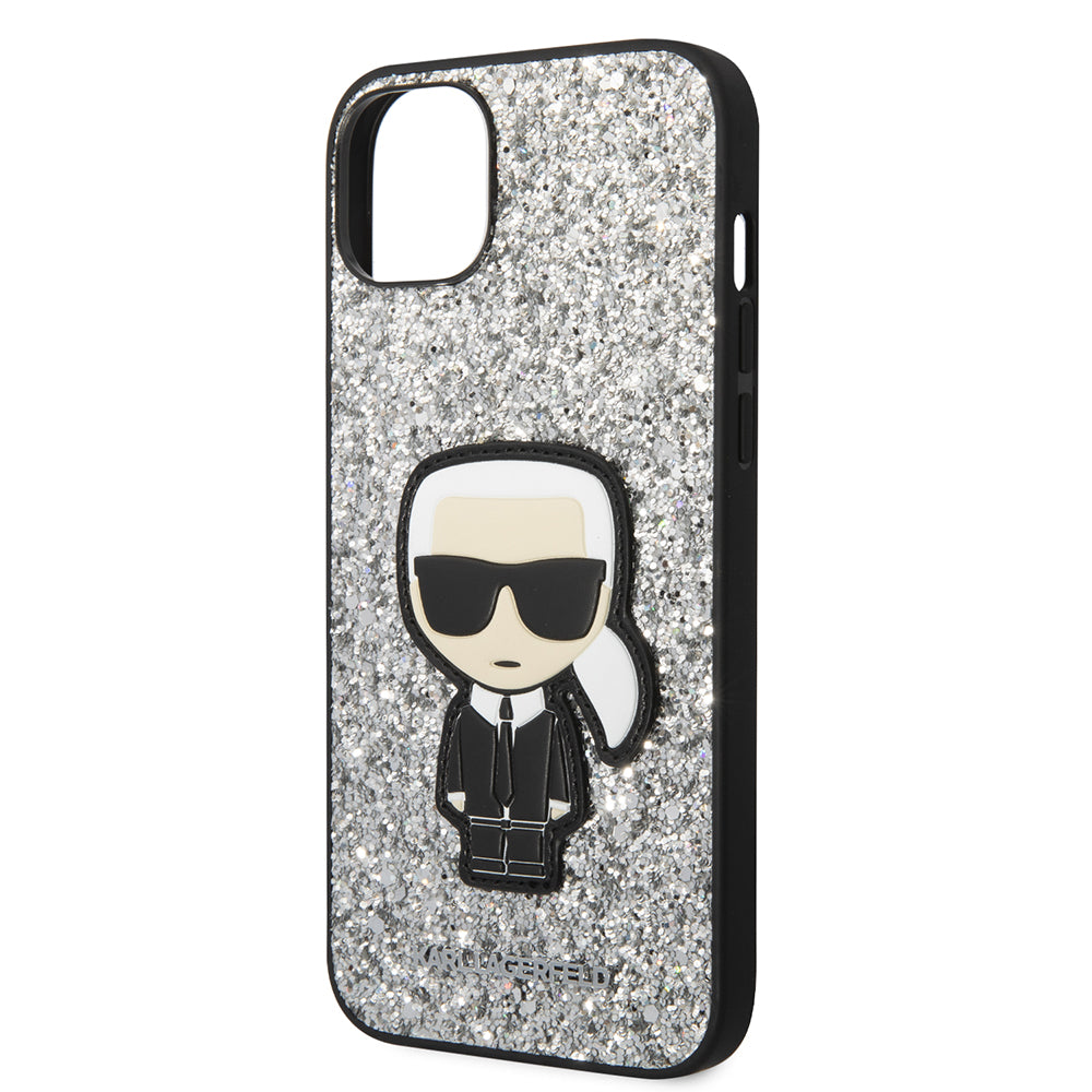 Case for Apple iPhone 14 Plus, Karl Lagerfeld, Glitter Flakes Ikonik Karl, Silver