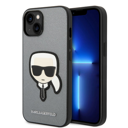 Etui til Apple iPhone 14 Plus, Karl Lagerfeld, Saffiano Karl's Head, Sølvfarvet