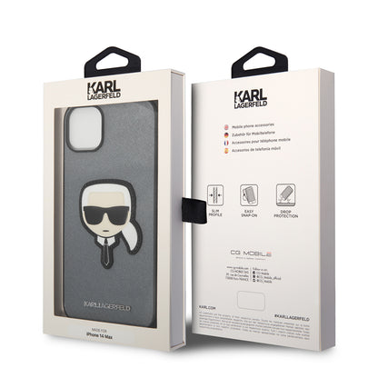 Etui til Apple iPhone 14 Plus, Karl Lagerfeld, Saffiano Karl's Head, Sølvfarvet