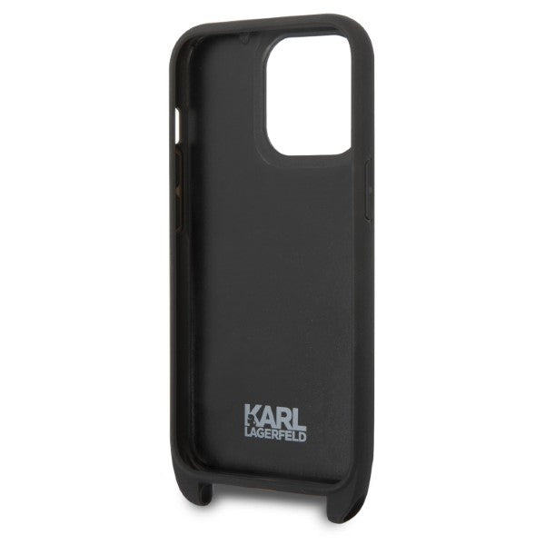 Etui til Apple iPhone 14 Pro, Karl Lagerfeld, Monogram Plaque Logo med rem, Sort