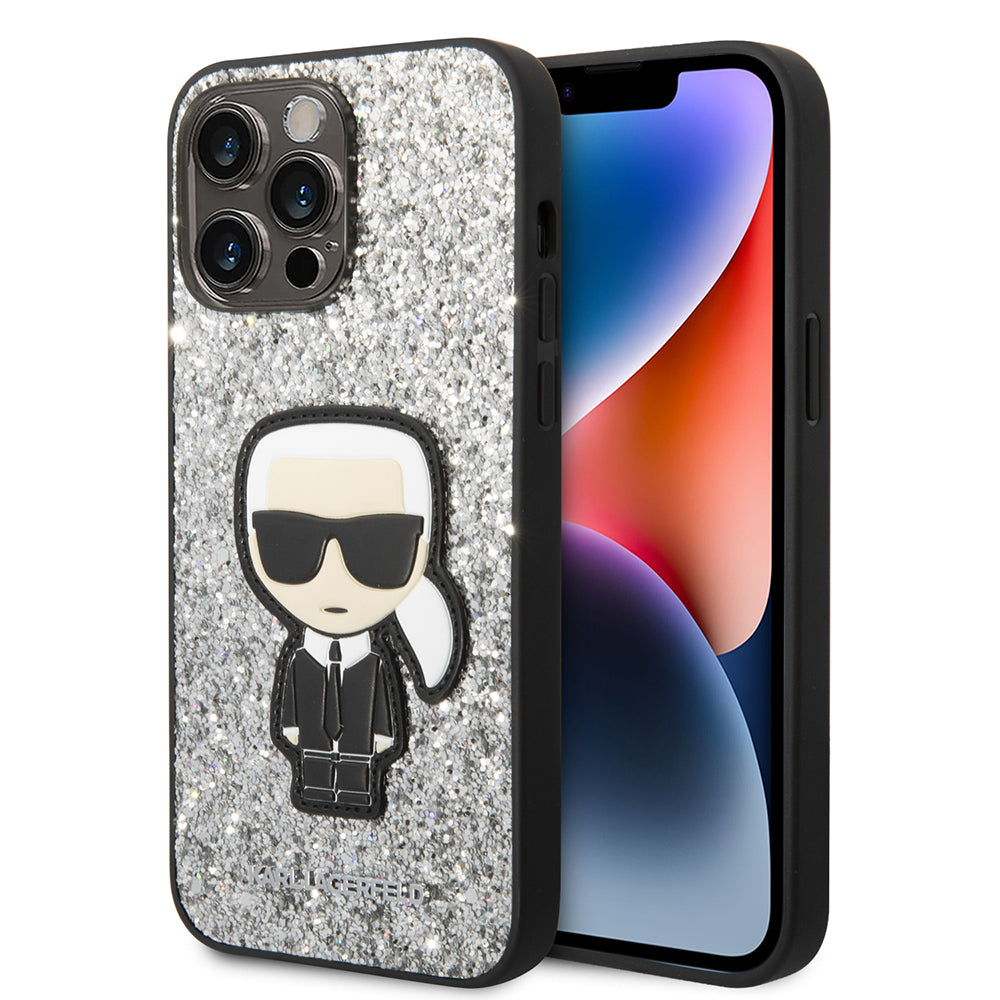 Etui til Apple iPhone 14 Pro Max, Karl Lagerfeld, Glitter Flakes Ikonik Karl, Sølvfarvet