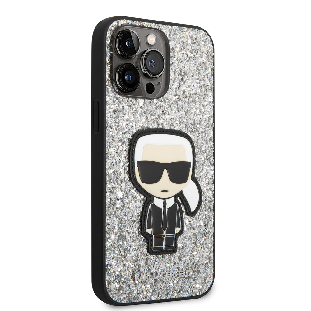 Etui til Apple iPhone 14 Pro Max, Karl Lagerfeld, Glitter Flakes Ikonik Karl, Sølvfarvet
