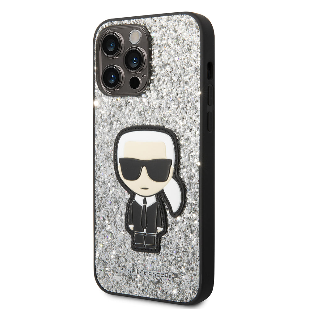 Etui til Apple iPhone 14 Pro Max, Karl Lagerfeld, Glitter Flakes Ikonik Karl, Sølvfarvet