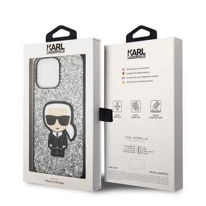 Etui til Apple iPhone 14 Pro Max, Karl Lagerfeld, Glitter Flakes Ikonik Karl, Sølvfarvet