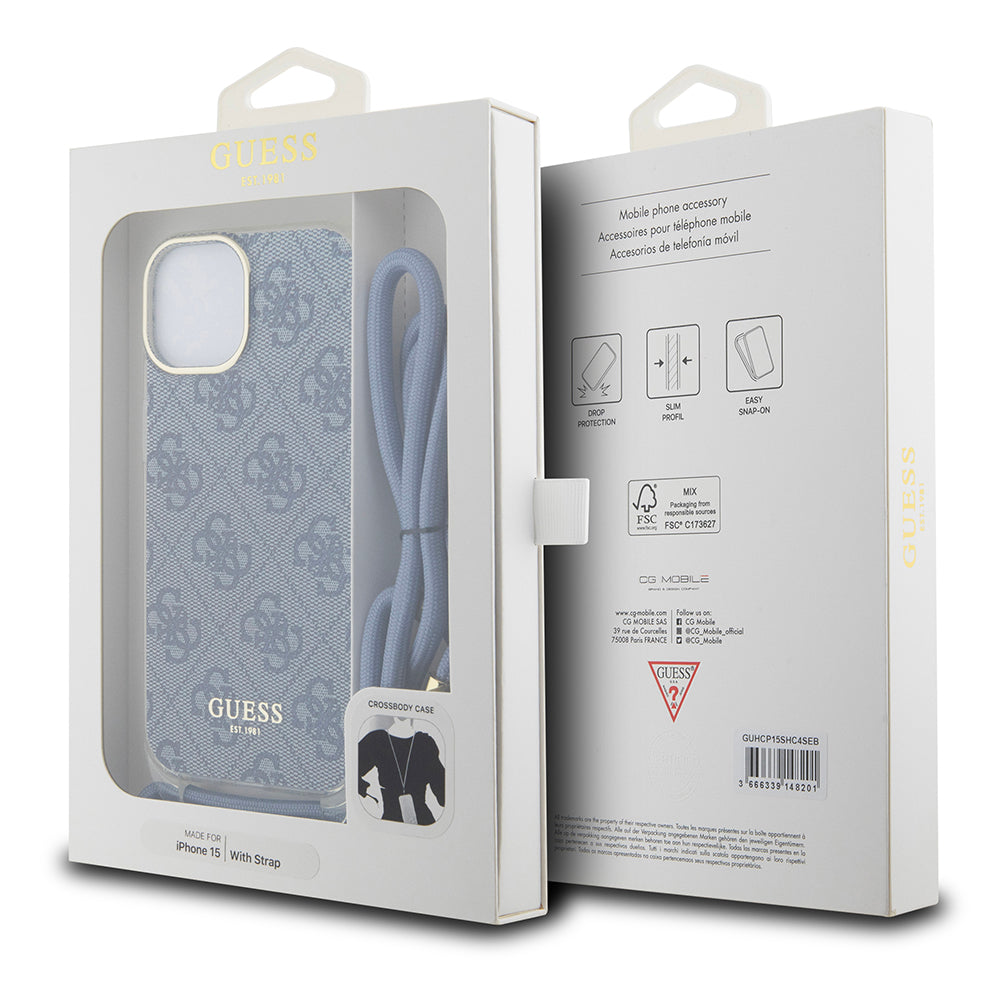 Etui til Apple iPhone 15, Guess, Crossbody Cord 4G Print, Blå