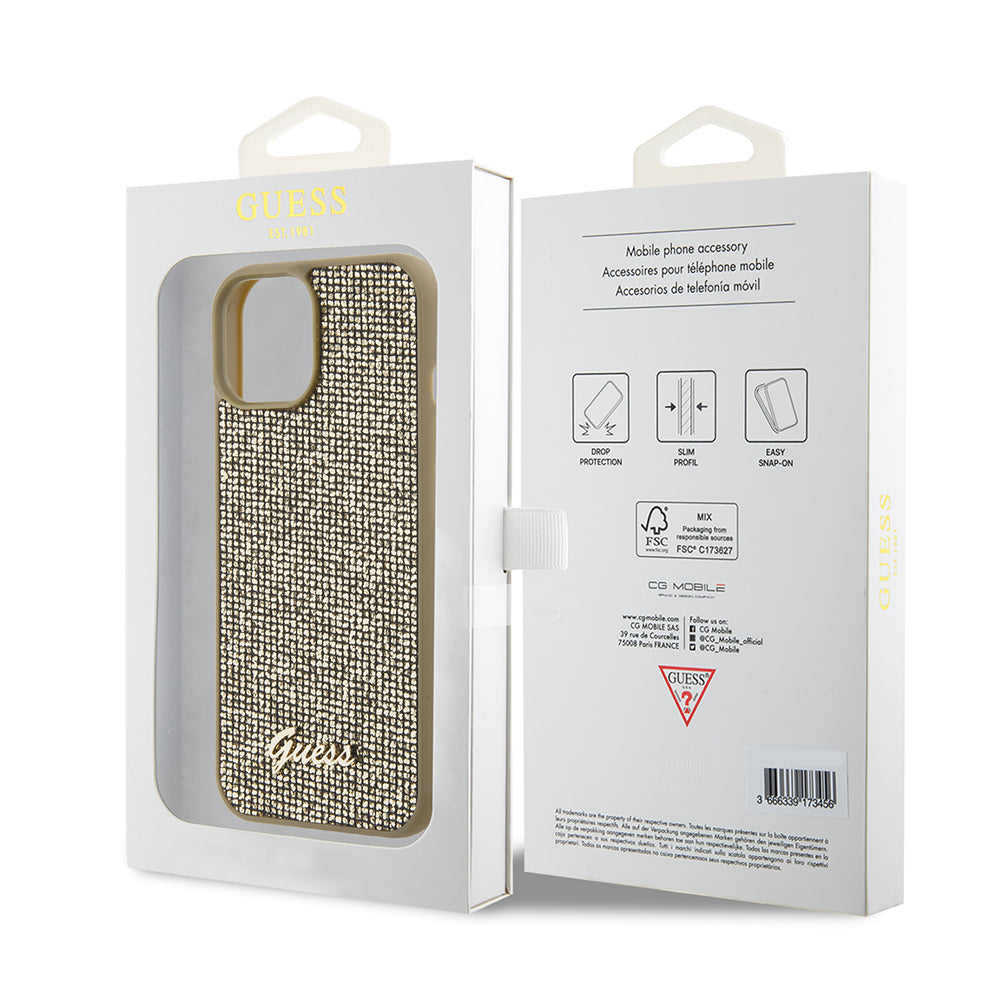 Etui til Apple iPhone 15, Guess, Disco Metal Script, Guld