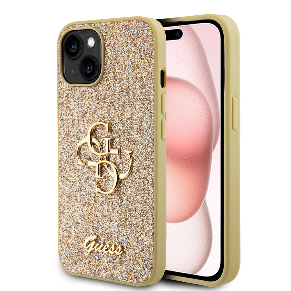 Etui til Apple iPhone 15, Guess, Glitter Big 4G Script, Guld