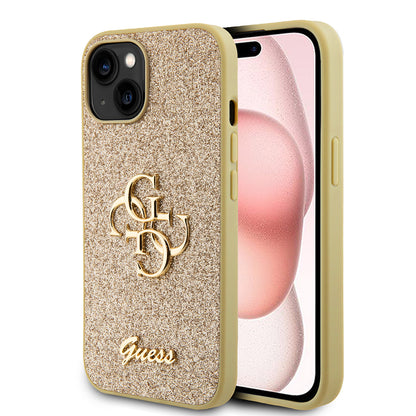 Etui til Apple iPhone 15, Guess, Glitter Big 4G Script, Guld