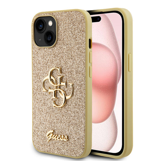 Etui til Apple iPhone 15, Guess, Glitter Big 4G Script, Guld