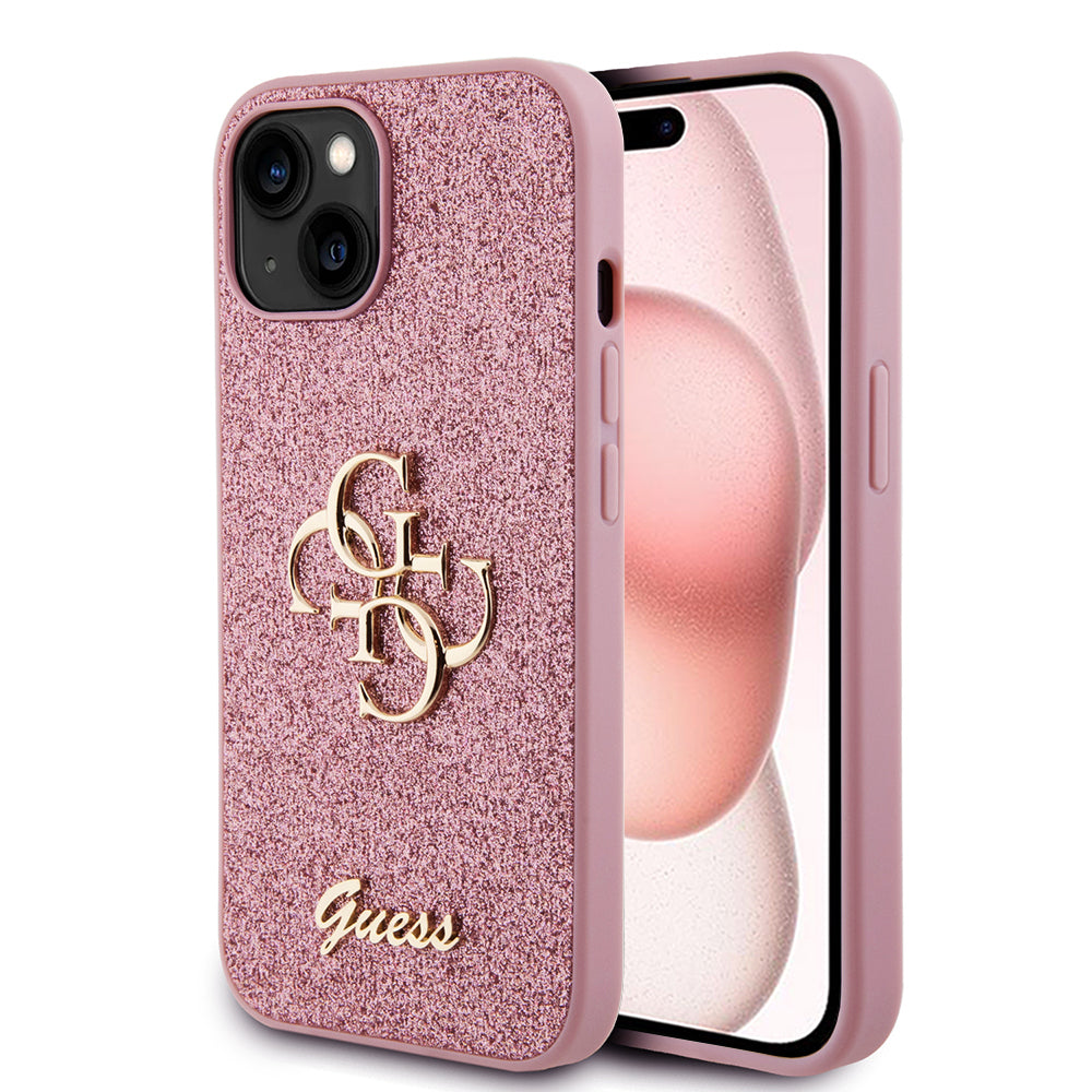 Etui til Apple iPhone 15, Guess, Glitter Big 4G Script, Pink