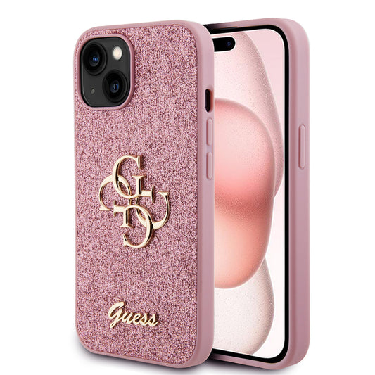 Etui til Apple iPhone 15, Guess, Glitter Big 4G Script, Pink