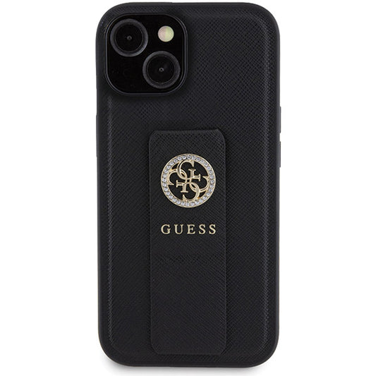 Etui til Apple iPhone 15, Guess, Grip Stand 4G Saffiano Strass, Sort