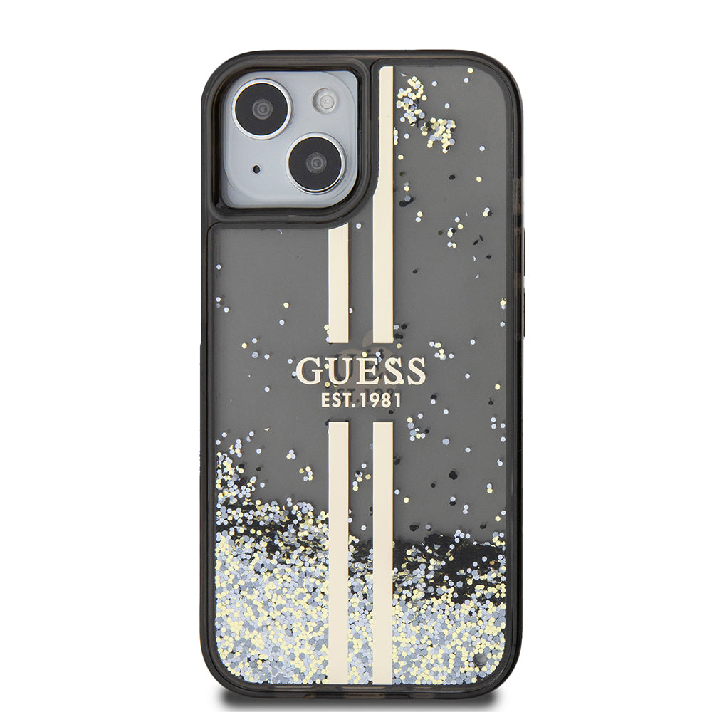 Etui til Apple iPhone 15, Guess, Liquid Glitter Gold Stripes, Sort