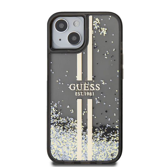 Etui til Apple iPhone 15, Guess, Liquid Glitter Gold Stripes, Sort