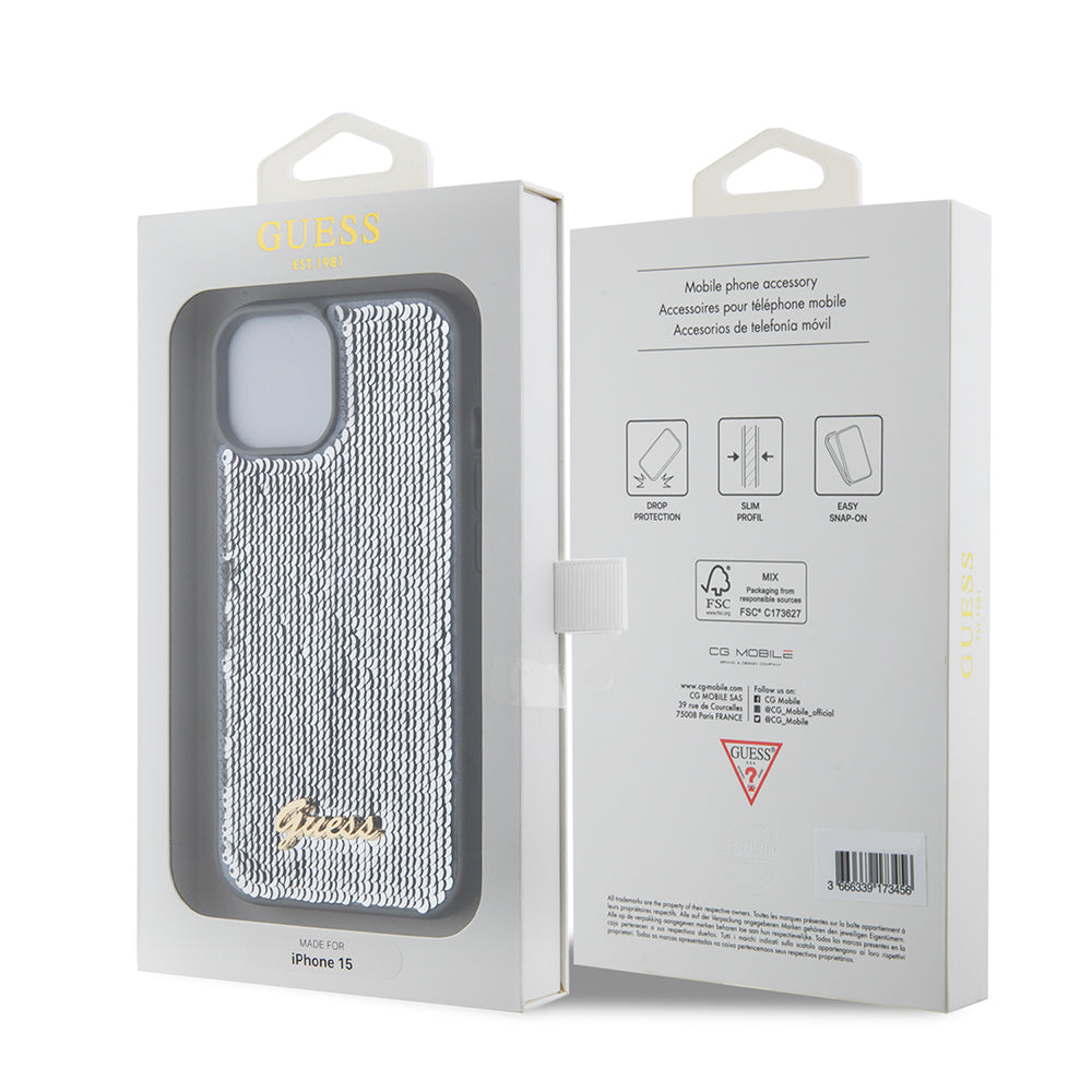 Etui til Apple iPhone 15, Guess, Sequin Script Metal, Sølvfarvet