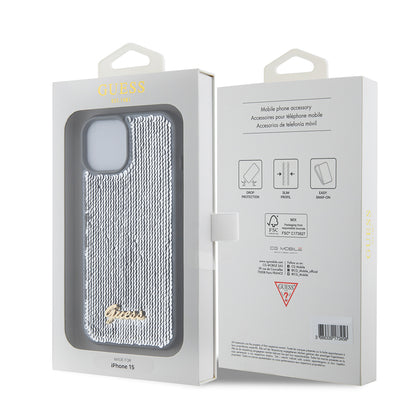 Etui til Apple iPhone 15, Guess, Sequin Script Metal, Sølvfarvet