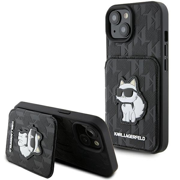 Etui til Apple iPhone 15, Karl Lagerfeld, Saffiano Cardslots and Stand Monogram Choupette, Sort