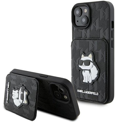 Etui til Apple iPhone 15, Karl Lagerfeld, Saffiano Cardslots and Stand Monogram Choupette, Sort
