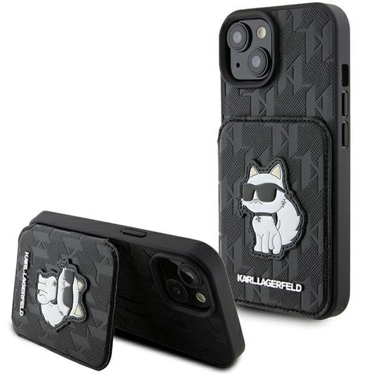 Etui til Apple iPhone 15, Karl Lagerfeld, Saffiano Cardslots and Stand Monogram Choupette, Sort