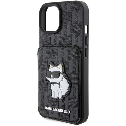Etui til Apple iPhone 15, Karl Lagerfeld, Saffiano Cardslots and Stand Monogram Choupette, Sort