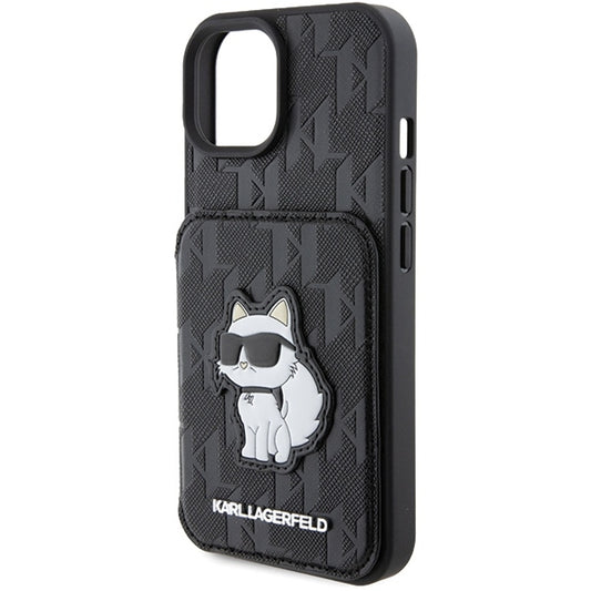 Etui til Apple iPhone 15, Karl Lagerfeld, Saffiano Cardslots and Stand Monogram Choupette, Sort