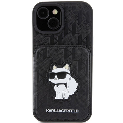 Etui til Apple iPhone 15, Karl Lagerfeld, Saffiano Cardslots and Stand Monogram Choupette, Sort