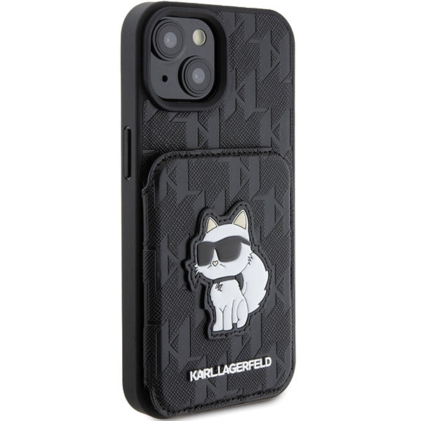 Etui til Apple iPhone 15, Karl Lagerfeld, Saffiano Cardslots and Stand Monogram Choupette, Sort