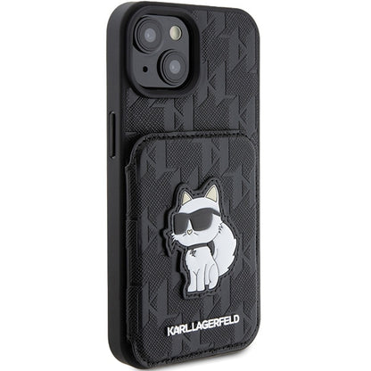 Etui til Apple iPhone 15, Karl Lagerfeld, Saffiano Cardslots and Stand Monogram Choupette, Sort