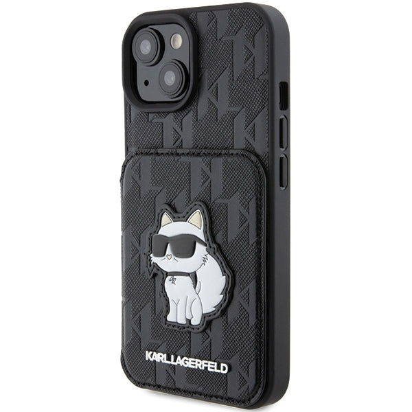 Etui til Apple iPhone 15, Karl Lagerfeld, Saffiano Cardslots and Stand Monogram Choupette, Sort