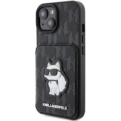 Etui til Apple iPhone 15, Karl Lagerfeld, Saffiano Cardslots and Stand Monogram Choupette, Sort