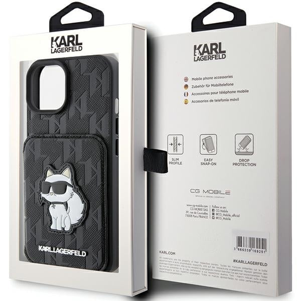 Etui til Apple iPhone 15, Karl Lagerfeld, Saffiano Cardslots and Stand Monogram Choupette, Sort