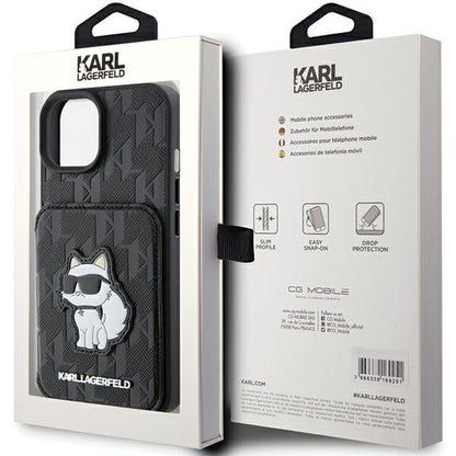 Etui til Apple iPhone 15, Karl Lagerfeld, Saffiano Cardslots and Stand Monogram Choupette, Sort