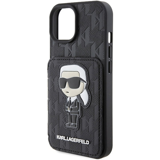 Etui til Apple iPhone 15, Karl Lagerfeld, Saffiano Cardslots and Stand Monogram Ikonik Karl, Sort
