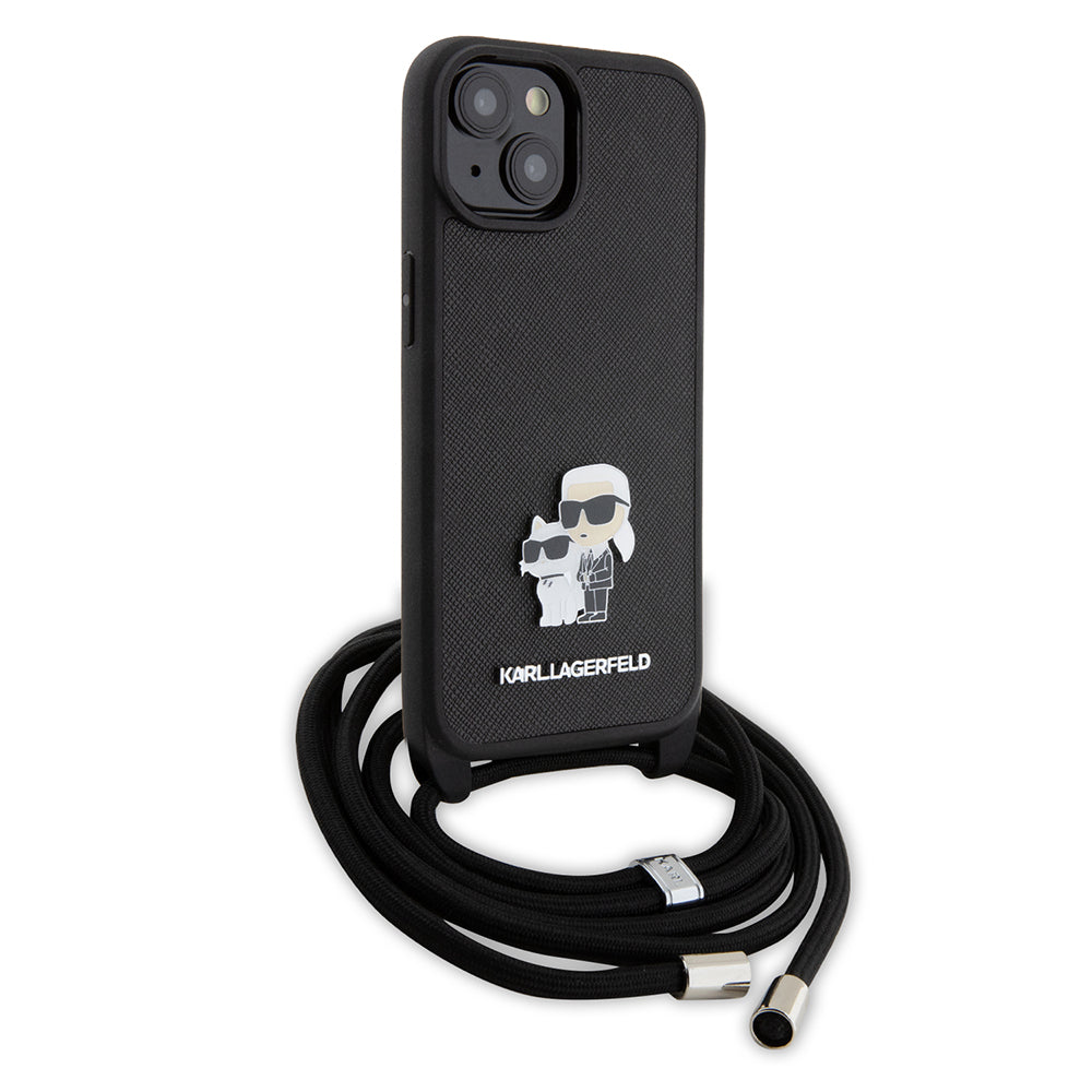 Case for Apple iPhone 15, Karl Lagerfeld, Saffiano Crossbody Metal Pin Karl & Choupette, Black