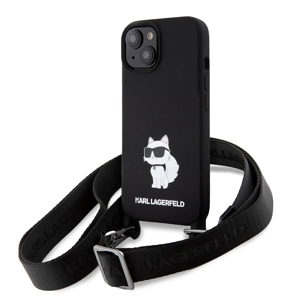 Etui til Apple iPhone 15, Karl Lagerfeld, Silicone Crossbody Choupette, Sort