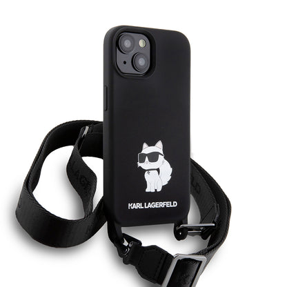 Etui til Apple iPhone 15, Karl Lagerfeld, Silicone Crossbody Choupette, Sort