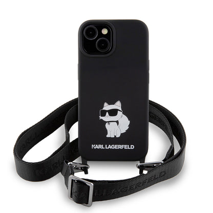 Etui til Apple iPhone 15, Karl Lagerfeld, Silicone Crossbody Choupette, Sort