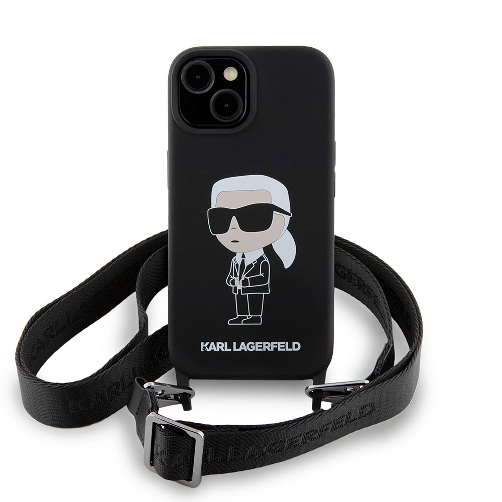 Etui til Apple iPhone 15, Karl Lagerfeld, Silicone Crossbody Ikonik Karl, Sort