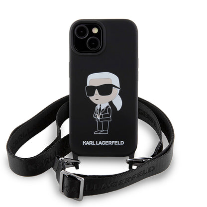 Etui til Apple iPhone 15, Karl Lagerfeld, Silicone Crossbody Ikonik Karl, Sort
