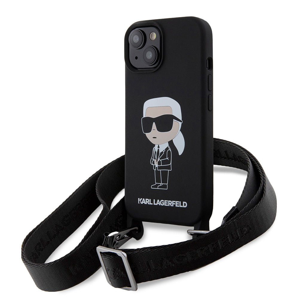 Etui til Apple iPhone 15, Karl Lagerfeld, Silicone Crossbody Ikonik Karl, Sort