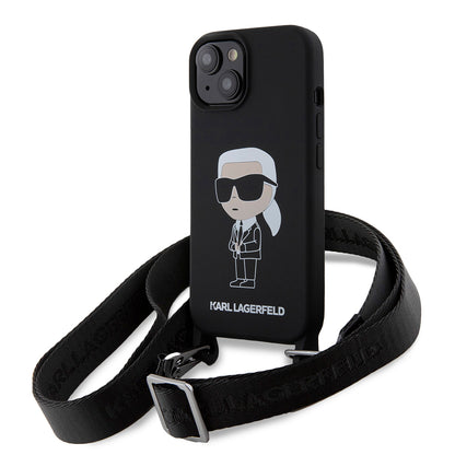 Etui til Apple iPhone 15, Karl Lagerfeld, Silicone Crossbody Ikonik Karl, Sort