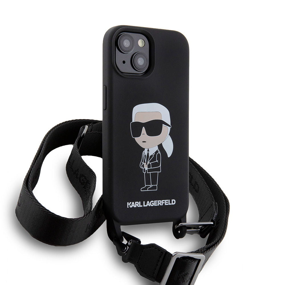 Etui til Apple iPhone 15, Karl Lagerfeld, Silicone Crossbody Ikonik Karl, Sort