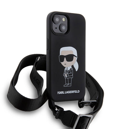Etui til Apple iPhone 15, Karl Lagerfeld, Silicone Crossbody Ikonik Karl, Sort