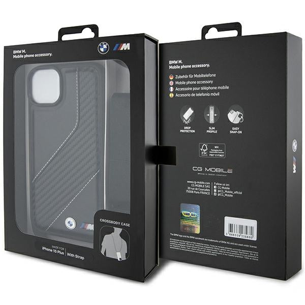 Cover til Apple iPhone 15 Plus, BMW, M Edition Carbon Stripe & Strap, Sort