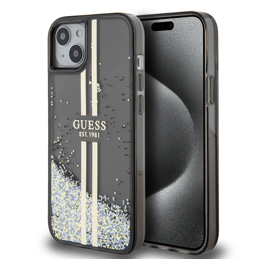 Etui til Apple iPhone 15 Plus, Guess, Liquid Glitter Gold Stripes, Sort