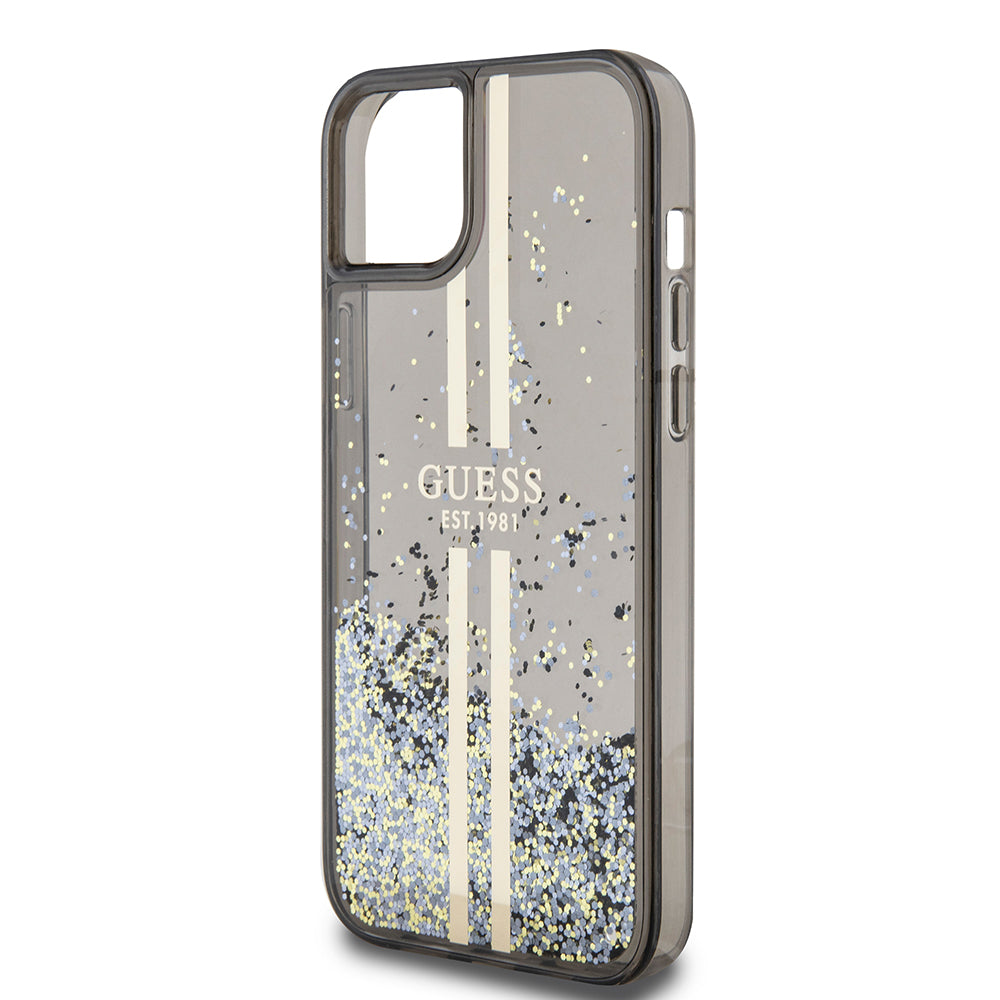 Etui til Apple iPhone 15 Plus, Guess, Liquid Glitter Gold Stripes, Sort