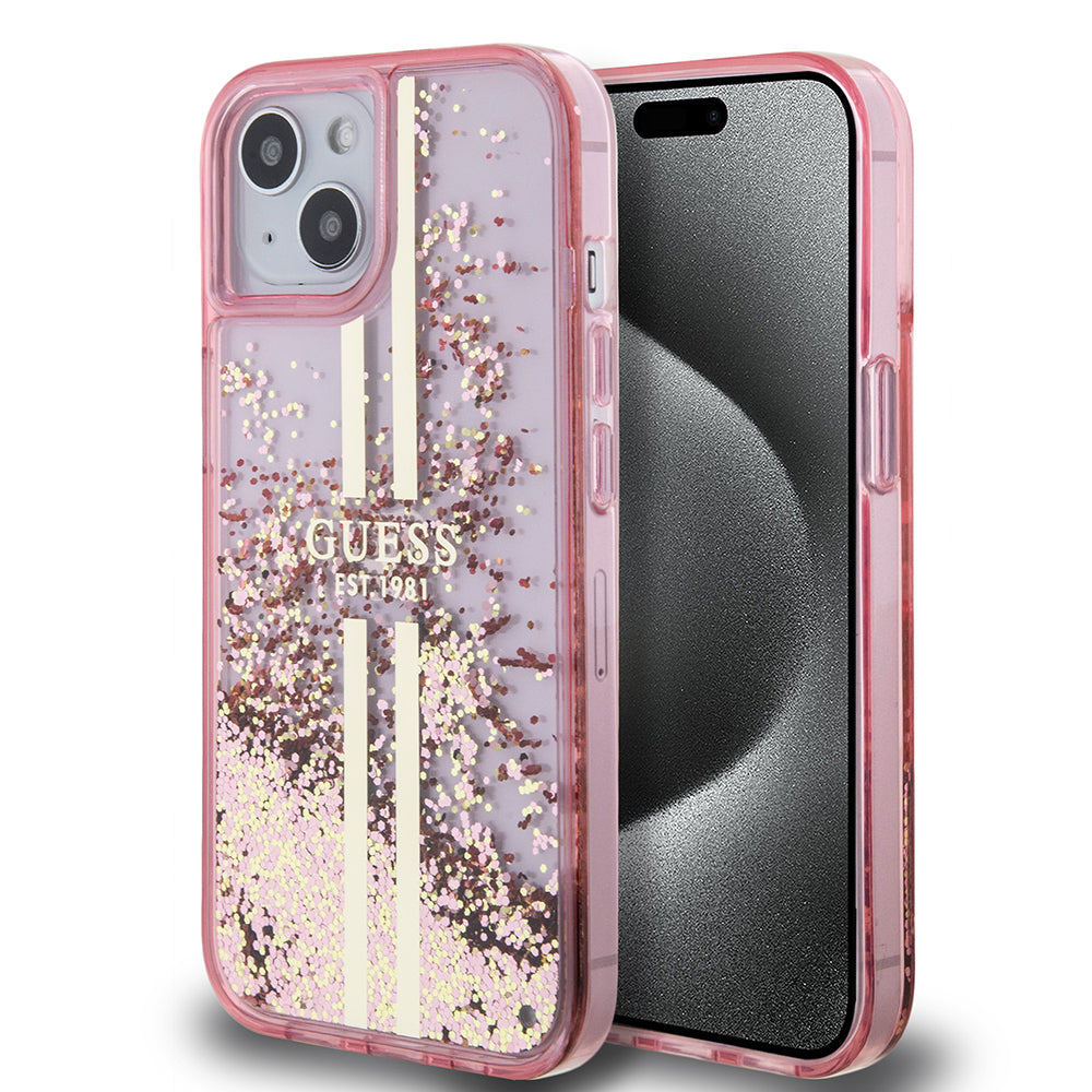 Etui til Apple iPhone 15 Plus, Guess, Liquid Glitter Gold Stripes, Pink