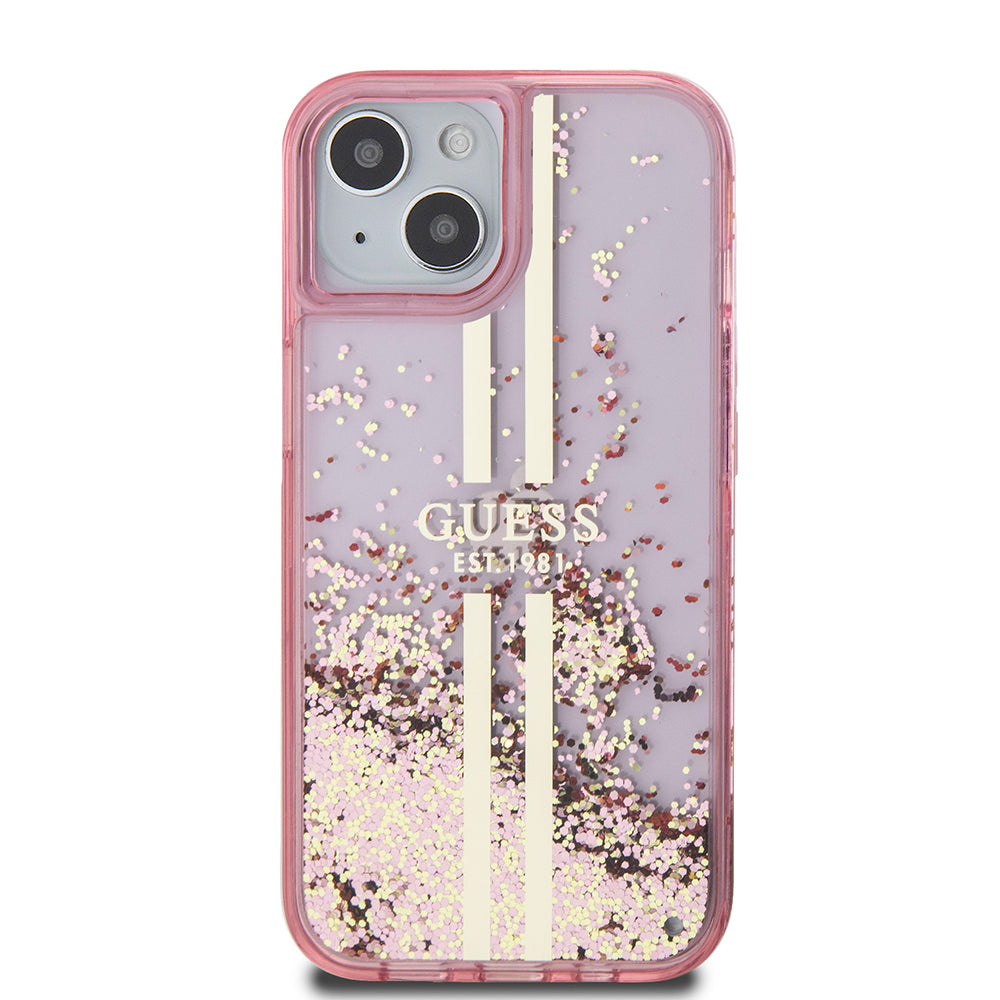 Etui til Apple iPhone 15 Plus, Guess, Liquid Glitter Gold Stripes, Pink