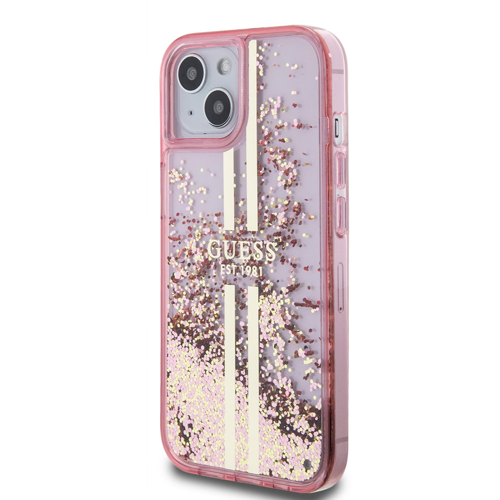 Etui til Apple iPhone 15 Plus, Guess, Liquid Glitter Gold Stripes, Pink