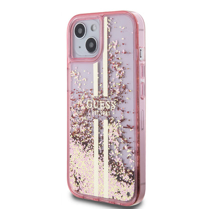 Etui til Apple iPhone 15 Plus, Guess, Liquid Glitter Gold Stripes, Pink